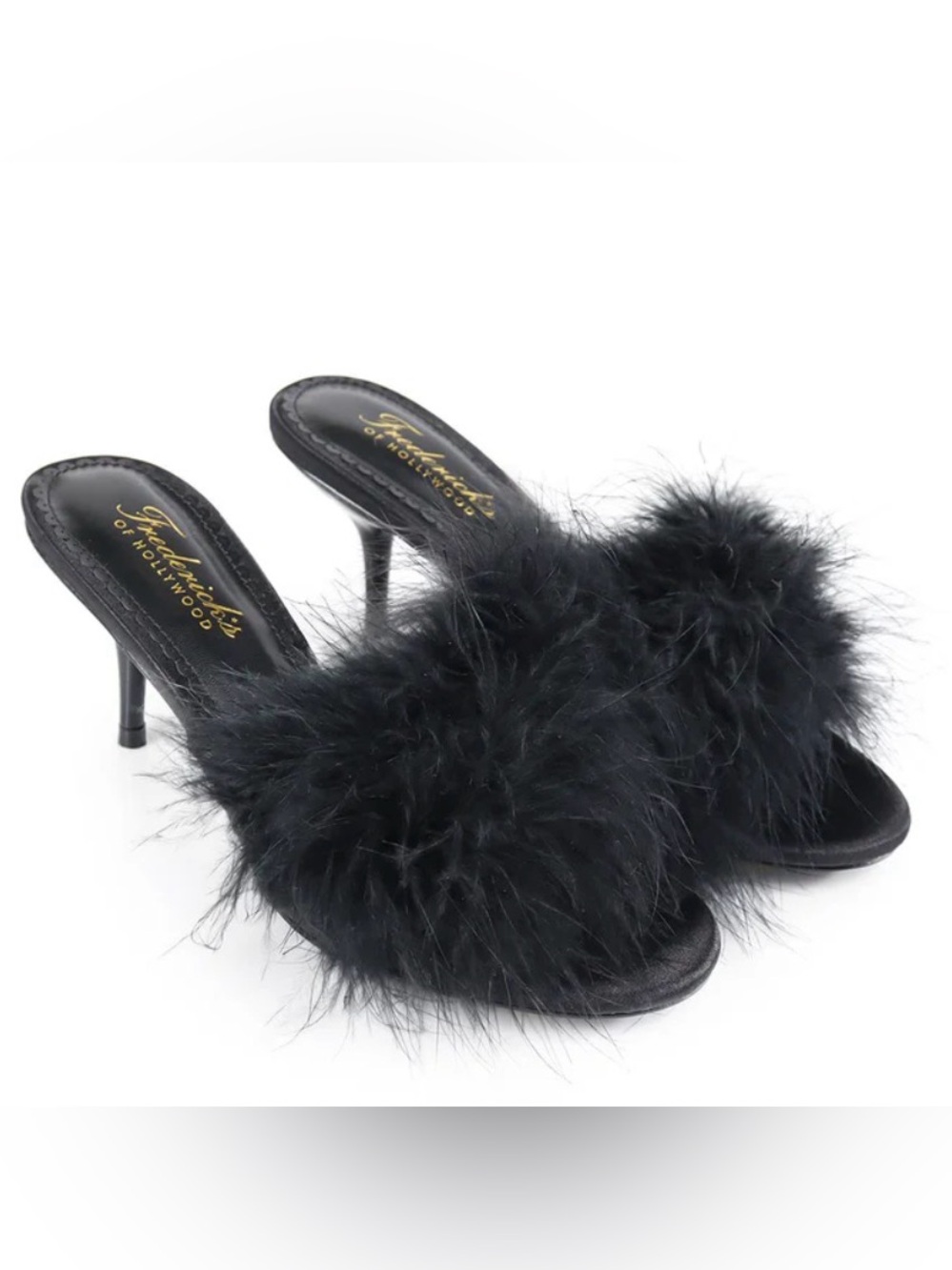 Vintage 90s Frederick's of Hollywood Black Satin Marabou Feather Slippers Mules
